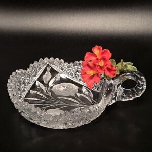 Nappy sawtooth edge 6" vintage brilliant cut glass etched rose round handled